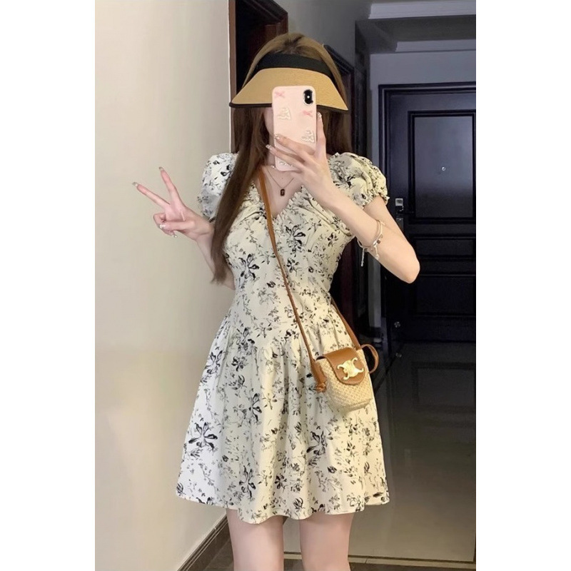 フレンチレトロVネック花柄ワンピースレディース夏新作優しいスタイルウエスト小柄耳ショートスカート|undefined