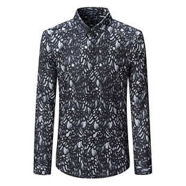欧美潮牌春秋设计感个性抽象碎花商务休闲防皱免烫修身长袖衬衫男