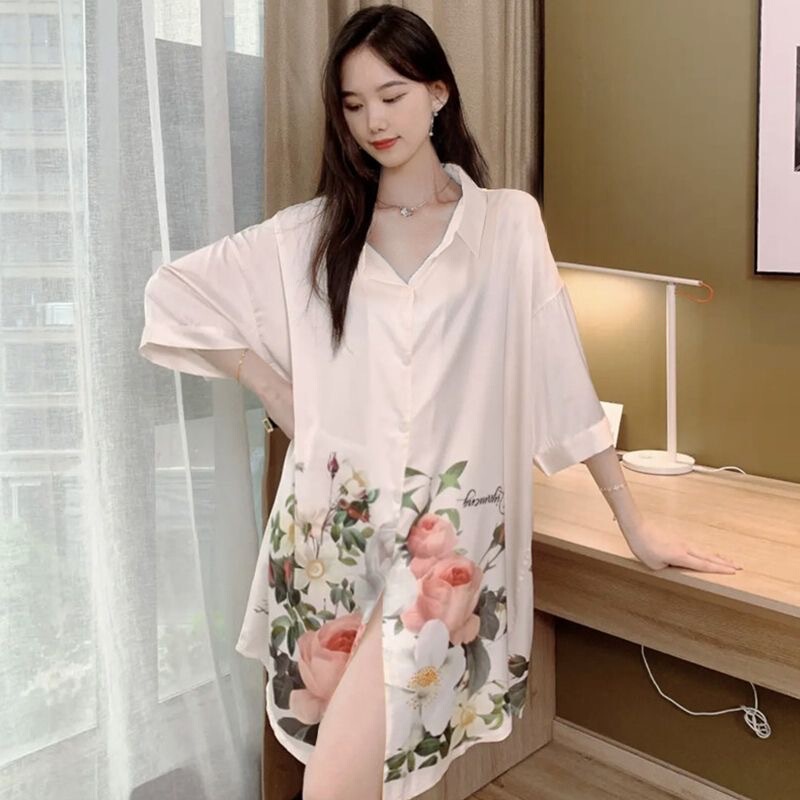 Pajamas for Women Summer Lace Nightgown Ice Silk Short-Sleeved Thin Loose Large Size Sexy Shirt Pajamas Dress Home Wear for Women