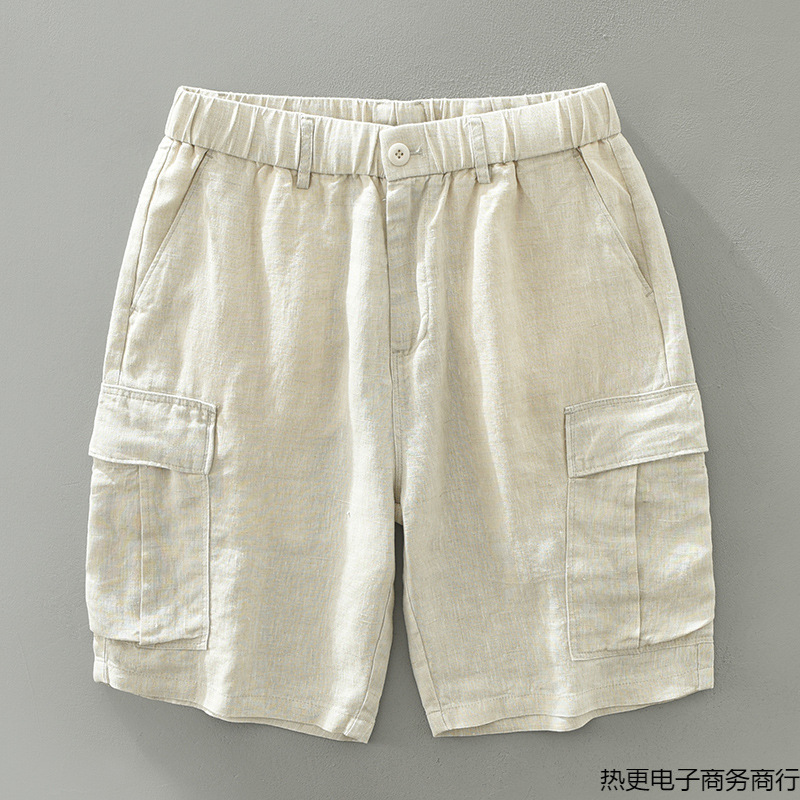 2025 High-Quality Japanese-Style Trendy Linen Cargo Pants for Men, Loose Casual Breathable Elastic Waist Mid-Length Shorts