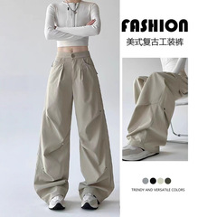美式休闲工装裤女春季2025新款高腰复古休闲降落伞裤褶皱阔腿长裤
