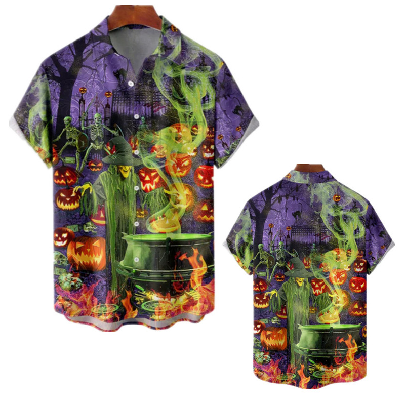 European and American Summer Halloween Men's Shirt 3D Digital Printing Casual Cardigan Funny Short Sleeve Shirt Factory Outlet European and American Summer Halloween Men's Shirt 3D Digital Printing Casual Cardigan Funny Short Sleeve Shirt Factory Outlet