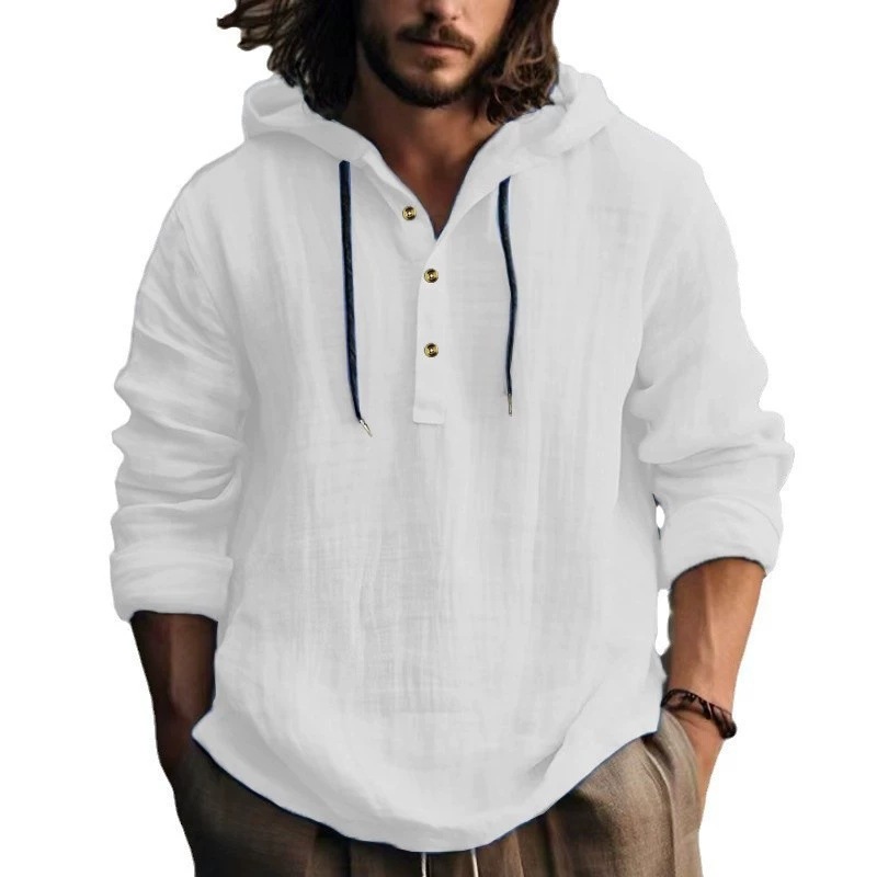 2025独立站新款wish亚麻衬衫连帽t恤卫衣春秋男长袖休闲日常服装