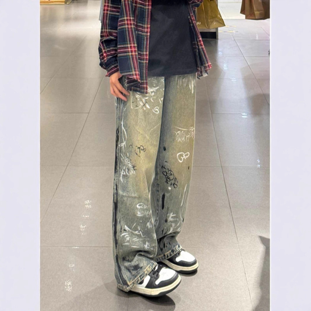 Jeans da uomo vintage graffiti larghi e dritti, stile old school, lavaggio fangoso, con patta e bottoni, in misto cotone non elasticizzato, dalla taglia S alla XXXL_voghion.com