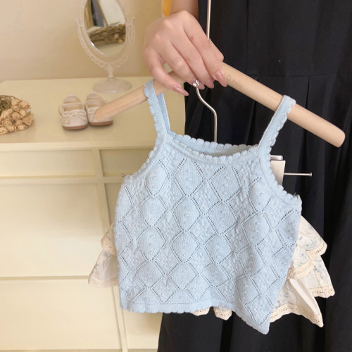 Korean children's clothing 24 summer girls' suit French sweet hollow knitted camisole bud skirt for small and medium-sized children