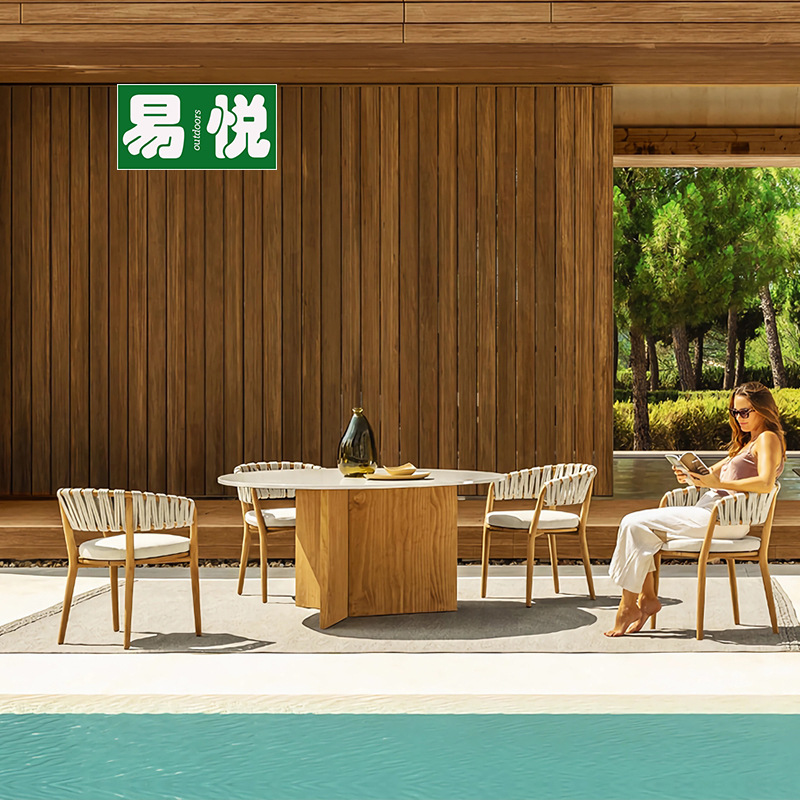 Mesas y sillas de comedor de madera maciza al aire libre, protección contra la lluvia y protección solar, hotel, restaurante al aire libre, tejido de ratán, teca, una mesa, seis sillas, patio