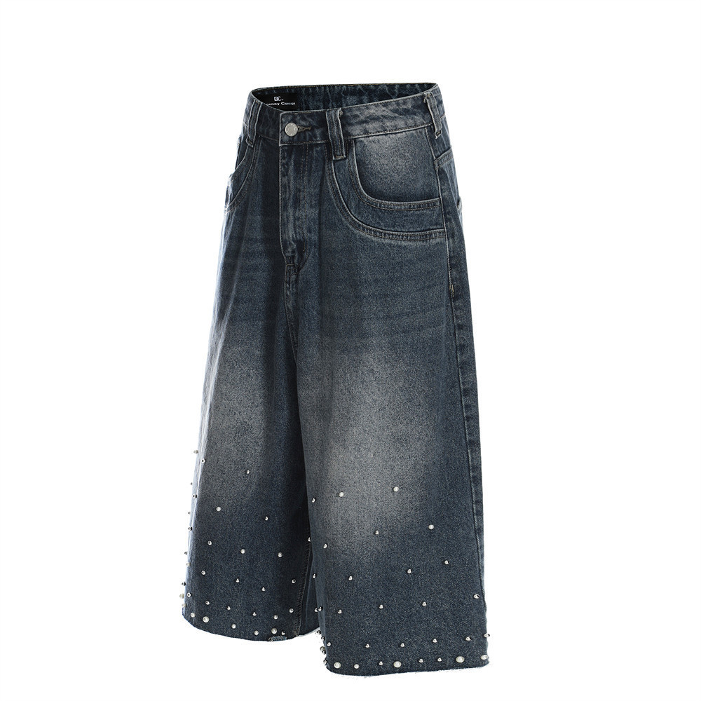 Men's Vintage Washed Denim Jeans Distressed Cat Whisker Rhinestone Embellished Baggy Pants High-Quality Cotton B3072 Blue_mkmklike.com