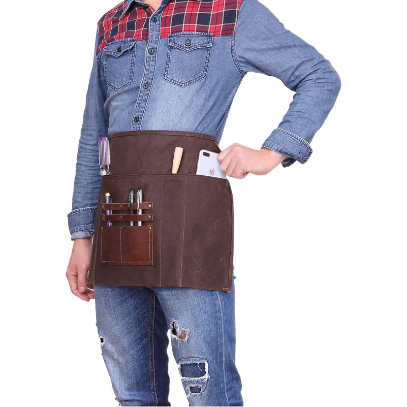 Amazon transfronterizo de lona encerada delantal de la vendimia de cuero de LA PU bolsillo electricista carpintería ropa de trabajo delantal impermeable al por mayor