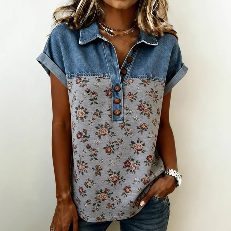 2026 Summer New Style Lapel T-Shirt for Women, European and American Fashion Trendy Floral Color-Blocking Short-Sleeve Pullover for Women 2026 Summer New Style Lapel T-Shirt for Women, European and American Fashion Trendy Floral Color-Blocking Short-Sleeve Pullover for Women