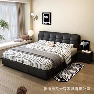 Large and Small Puff Beds, Retro Cream Style Master Bedroom Double Bed, Italian Minimalist Mid-Century Style Leather Bed with Drawers