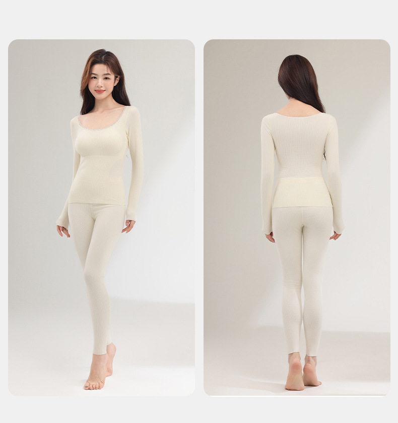 Finna Fuzhou Cordillera seda calentamiento conjunto de ropa interior de mujer con cojín de pecho de lana gruesa de otoño y invierno conjunto de top