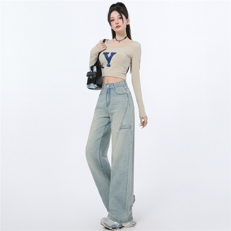 浅蓝色窄版阔腿牛仔裤女春秋2025新款高腰垂感宽松设计感直筒裤子|undefined