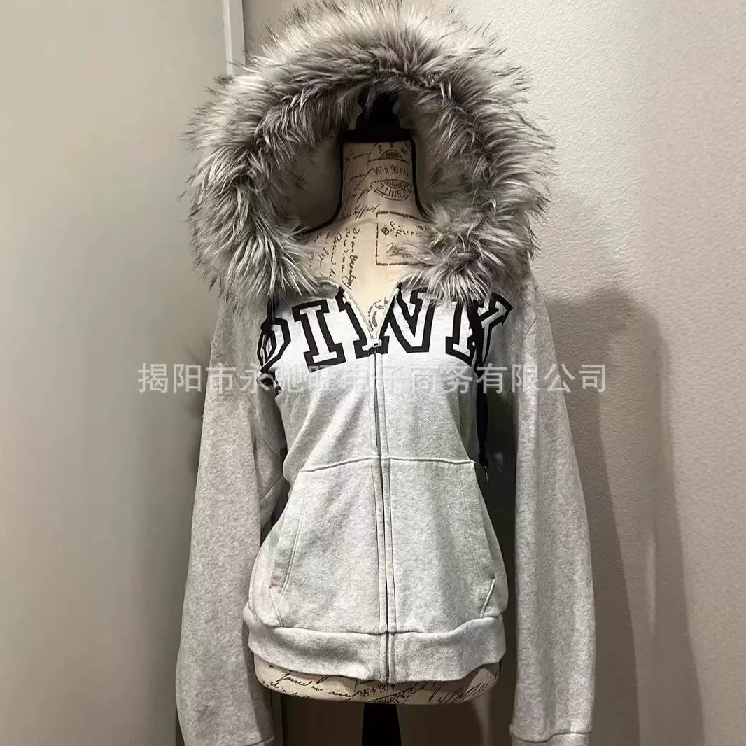 加绒开衫毛领外套卫衣冬季新款美式复古个性街头潮流连帽衫男女