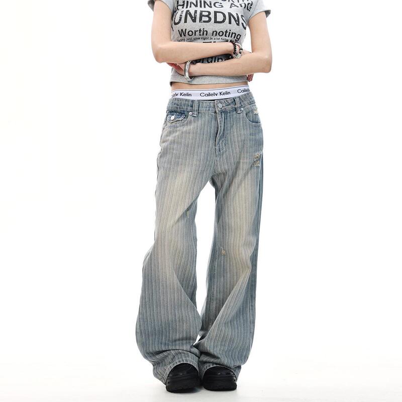 潮牌个性复古水洗竖条纹牛仔裤男女宽松美式高街cleanfit裤子春夏|undefined