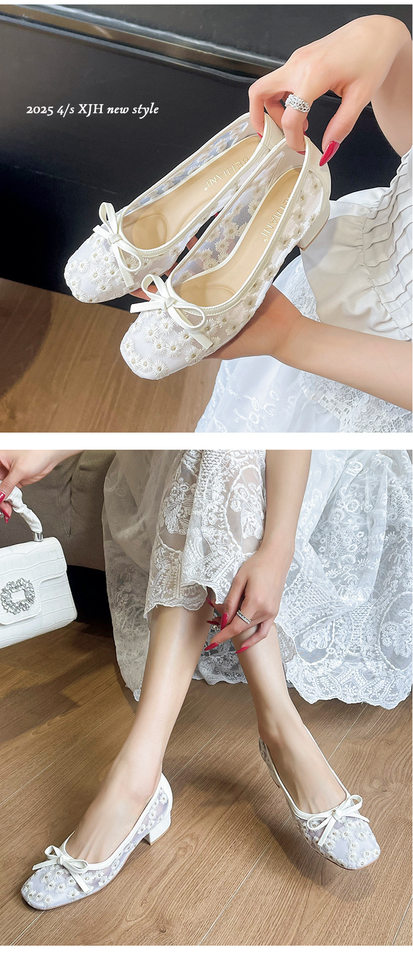 Giày búp bê nữ mũi vuông lưới thêu hoa, gót vừa 3–6 cm, thoáng khí — Màu trắng nhạt, màu hồng nhạt chi tiết 14