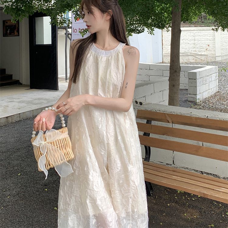 无袖挂脖连衣裙女春夏2025新款大码胖mm减龄雪纺蕾丝钩花露肩裙子|undefined