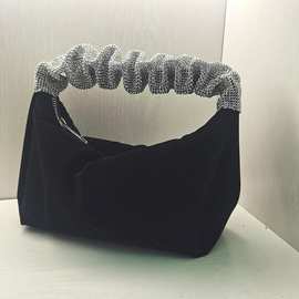 2026新款丝绒包网红同款黑色镶钻手提包晚宴包手拎方包