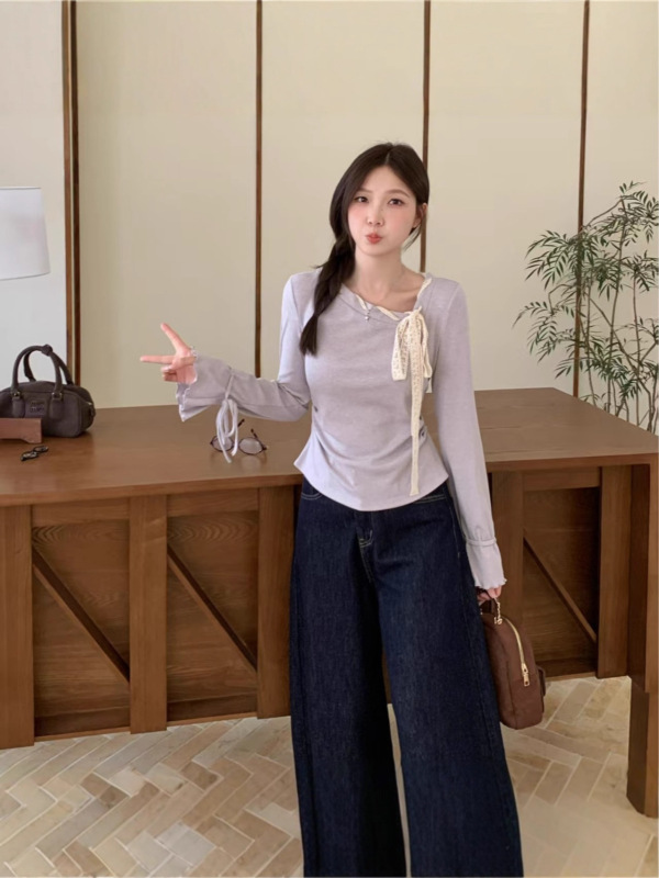 2025年大码法式紫色斜领长袖T恤女秋蝴蝶结系带打底衫显瘦上衣|undefined