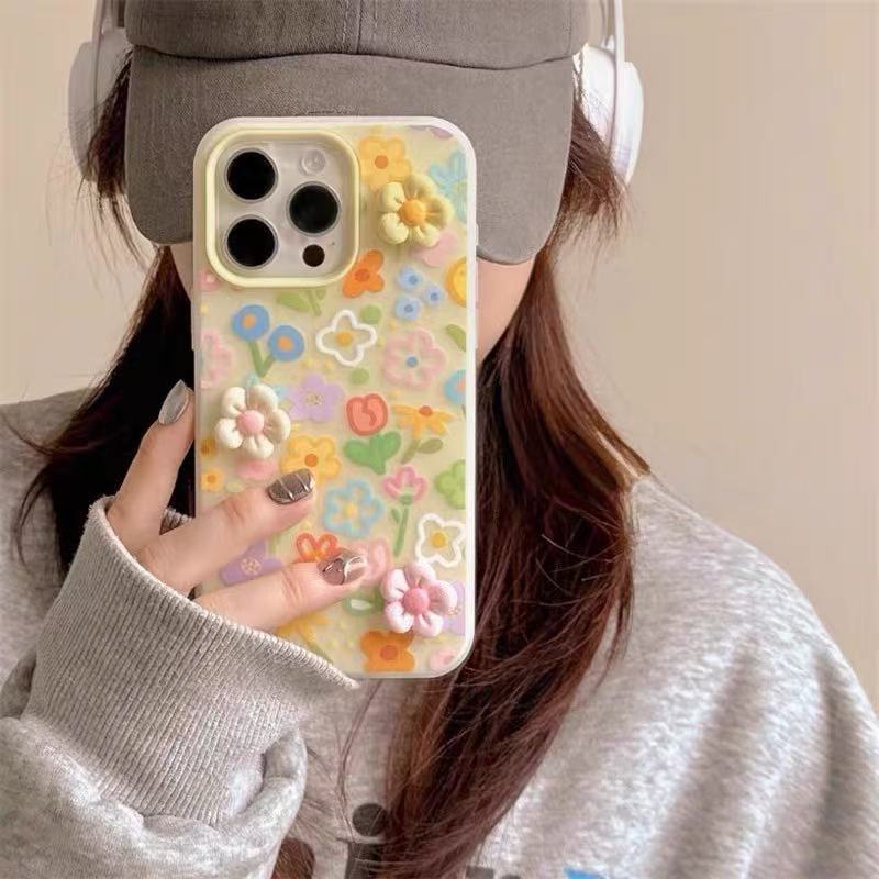 Las flores de dopamina de color estilo ins son adecuadas para Apple 16/15 funda para teléfono móvil iphone14 estéreo 16ProMax hembra