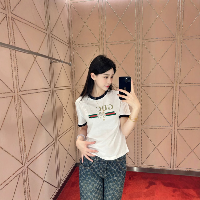 Nanyou High-End Women's Clothing 26 Spring/Summer New g Brand Letter Print Pure Cotton Round Neck Color-Block Short Sleeve T-Shirt for Women Nanyou High-End Women's Clothing 26 Spring/Summer New g Brand Letter Print Pure Cotton Round Neck Color-Block Short Sleeve T-Shirt for Women