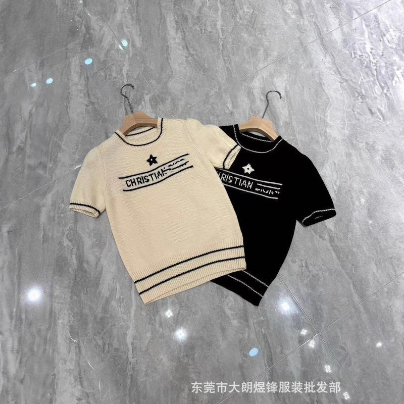 Haute Couture Women's Short-Sleeved Wool Knitwear Embroidered Letters Five-Pointed Star Age-Reducing Puff Sleeve Top 2025 New Trend
