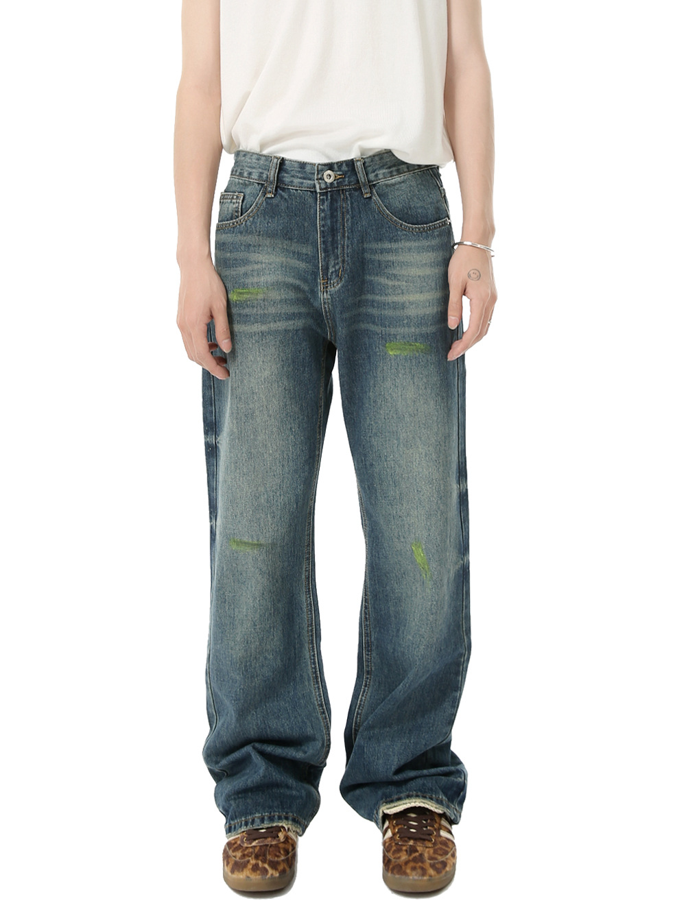 MTLCLOTHES para hombre | American vibe pliegues callejeros pintados ligeramente sueltos pantalones vaqueros lavados casuales de moda