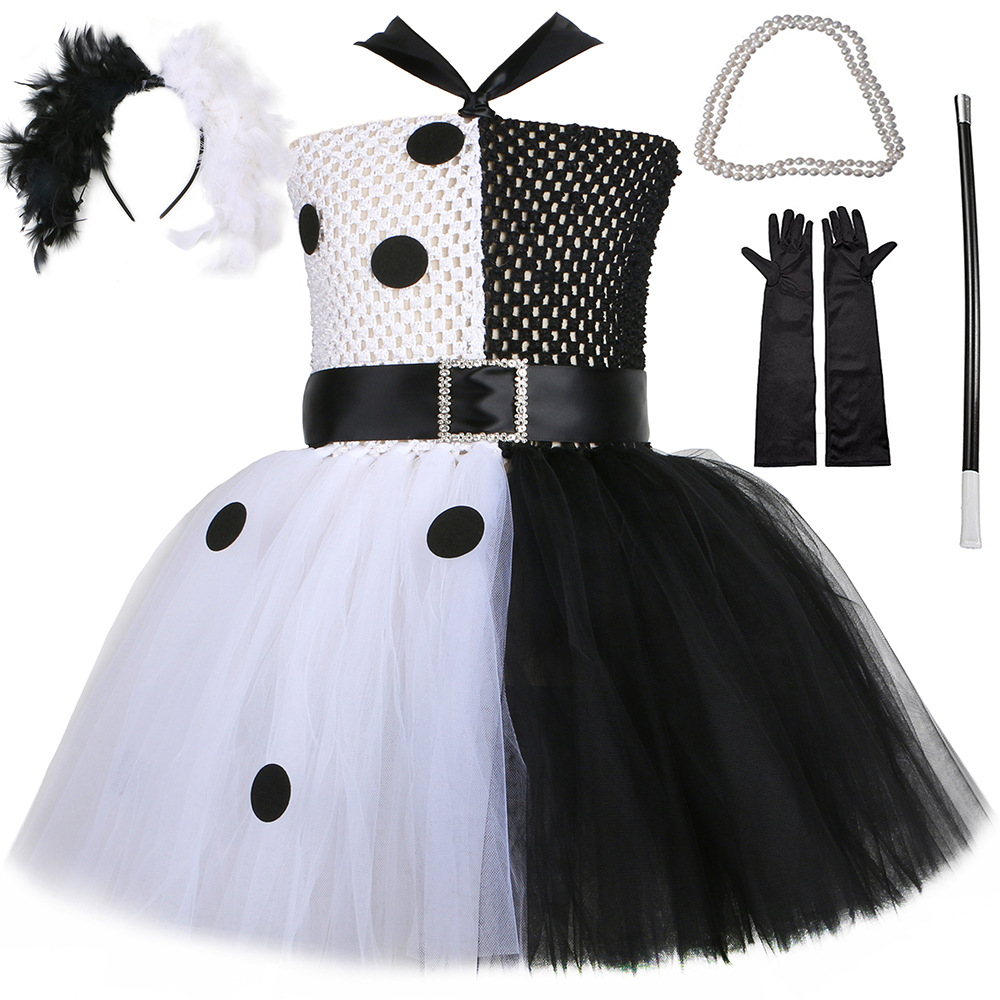 Kinderkleidung Schwarz-weißer Hexen-Netzrock Cruella de Vil Cosplay-Kostüm 101 treuer Hund Cruella Kinderprinzessinnenrock_voghion.com
