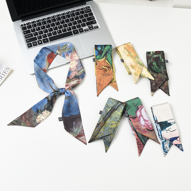 Oil Painting Tie Bag Handle Silk Scarf Hair Band Women's Summer Long High-Level Wiped Hair Tie Hair Ribbon Small Scarf