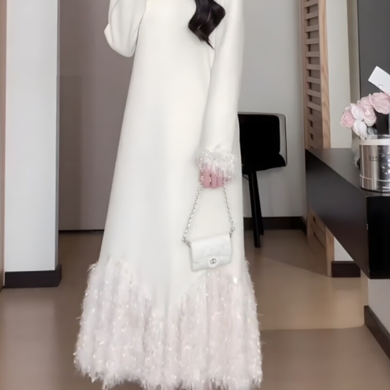 Cross-Border Plus-Size Women's Clothing, French-Style Fleece-Lined High-Neck Knitted Fringe Dress, Winter Slimming Dress for Plus-Size Women