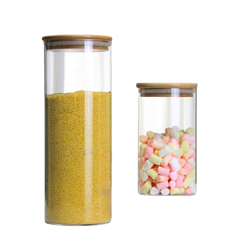 Venta al por mayor de vidrio de borosilicato tarro de almacenamiento tapa de bambú sellado recto cocina hogar snack seco fruta almacenamiento tarro de vidrio