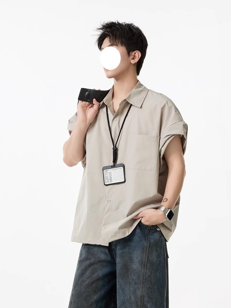 Khaki Tooling Shirt Short-sleeved Men's Summer American Simple Loose Lapel Shirt Drawstring Design Couple Inch Clothes Tide_viptrois.com