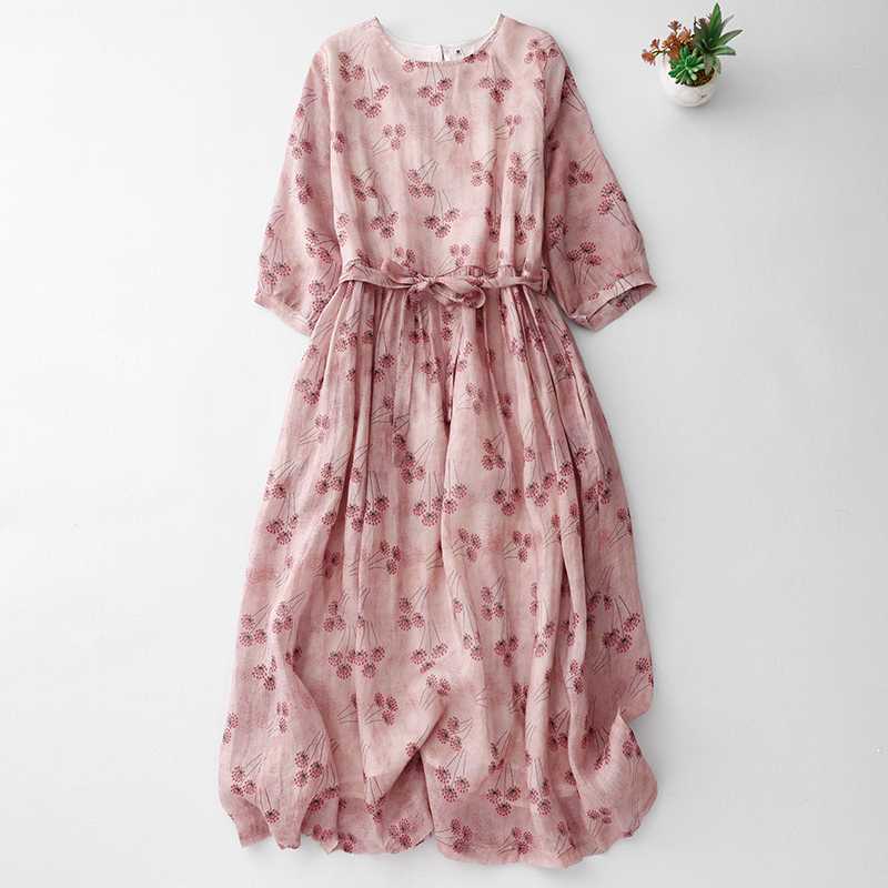 实拍 新款苎麻碎花连衣裙夏新款文艺宽松收腰气质长裙七分袖