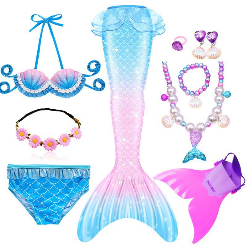 치우웨 블루 쓰리피스 세트 + 오리발 + 헤어 액세서리 + 목걸이 5피스 세트