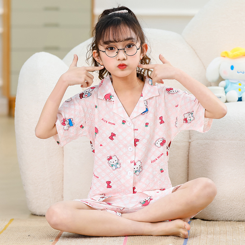 Pijamas infantiles niñas de manga corta verano espuma tejida tela arrugada dibujos animados niñas niños mayores cubierta de ropa de bebé