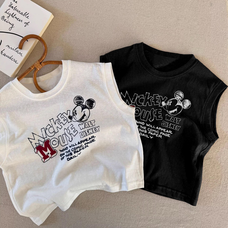Children's Pure Cotton Sleeveless Vest T-Shirt 2025 Summer New Boy Cartoon Mickey Top Baby Loose Waistcoat
