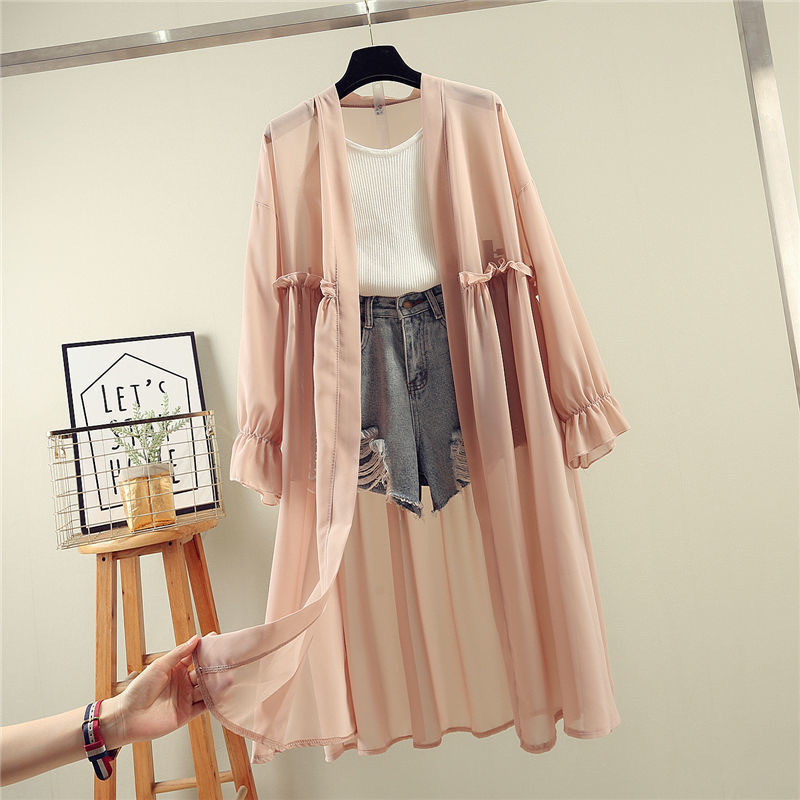 シフォンシャツジャケットミドル丈日焼け止め服レディースカジュアル韓国風ゆったり薄手大きいサイズ夏学生ビーチショール|undefined