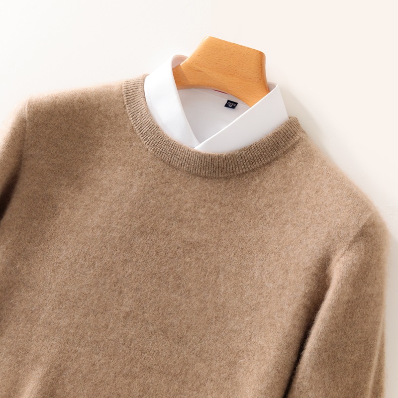 Casual round neck pure wool men's autumn and winter solid color pullover basic versatile knitted top base sweater_voghion.com