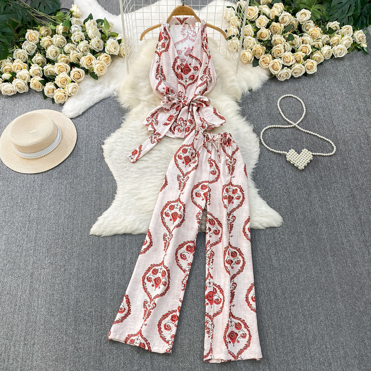 French-Inspired Sleeveless Top & High-Waisted Wide-Leg Pants Two-Piece Set, Floral Print Casual Outfit_ecoleips.com