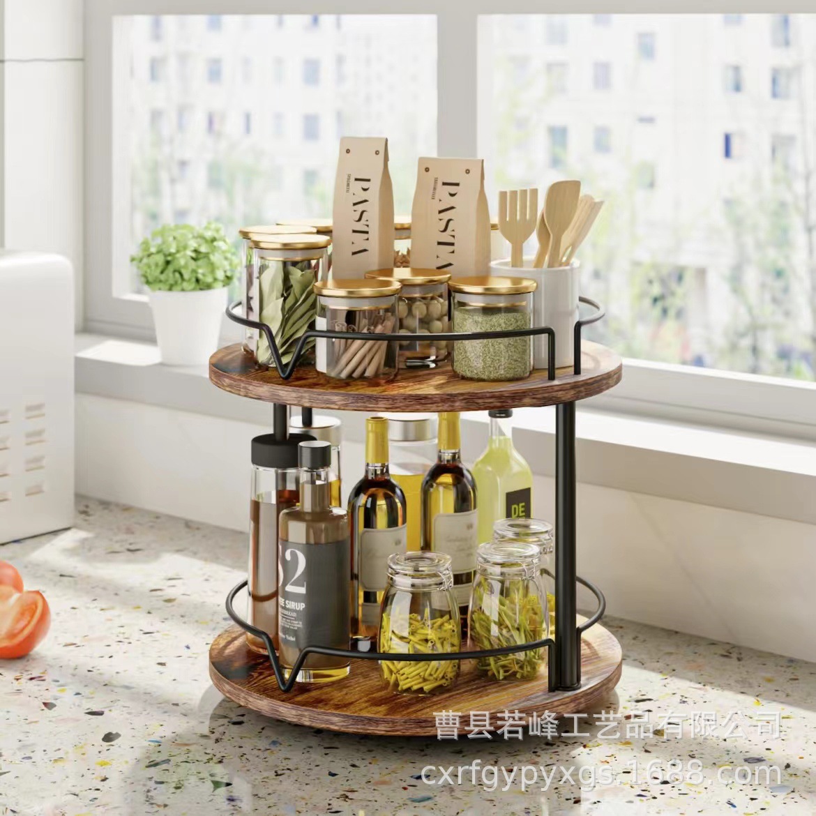 Wooden cosmetic storage rack Kitchen rotatable seasoning rack Double-layer seasoning jar Spice finishing rack Perfume rack