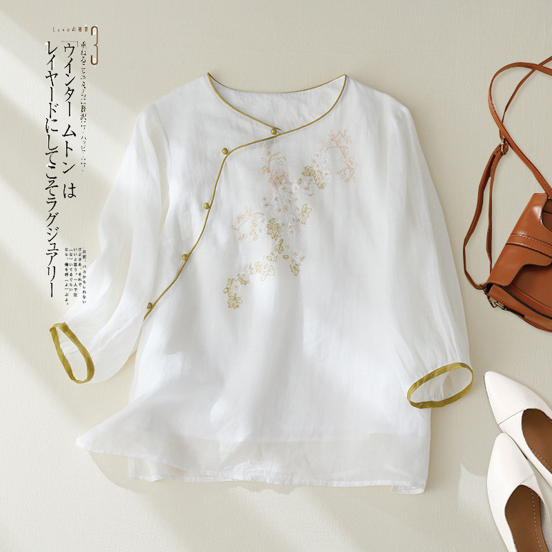 2026 Summer New Women's Tops, Artistic Cotton and Linen Three-Quarter Sleeve Shirts, Retro Embroidered Stand-Up Collar Pullover with Side Placket