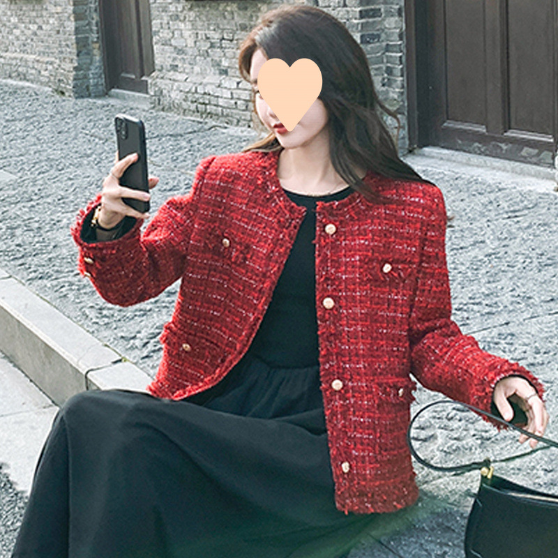 Red Chanel Style Coat Women's Autumn and Winter 2024 New French High-end Elegant Tweed Top for Small Men