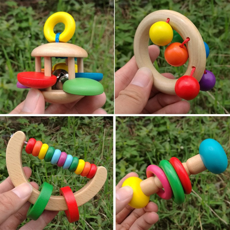 Weiweihu Sonajero de madera de cuatro piezas Música para bebés Educación temprana Iluminación Orff Instrumento musical Juguete de campana de agarre de mano para bebés