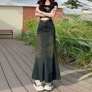 美式复古牛仔半身裙女秋季新款高腰显瘦中长a字裙修身鱼尾包臀裙