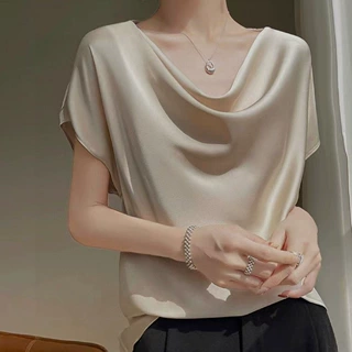法式荡领短袖T恤女夏季2025新款简约宽松显瘦真丝缎面高级感上衣