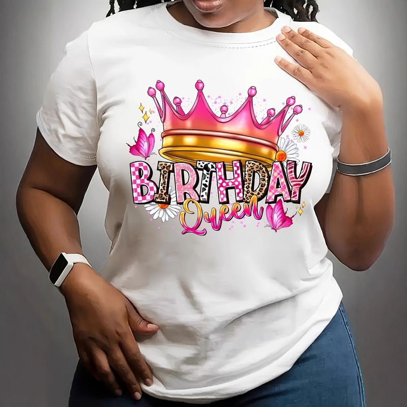 Ebay Aliexpress European and American Clothing Birthday Queen Letter Printed Short-Sleeved Large Size Loose Summer T-Shirt