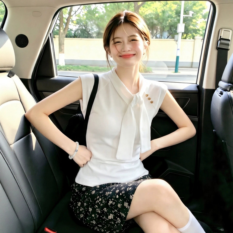 Commuter-Style Design Green Short-Sleeve T-Shirt with Straps for Women, Summer 2026, Age-Reducing, Slimming, Elegant Socialite Top A12103