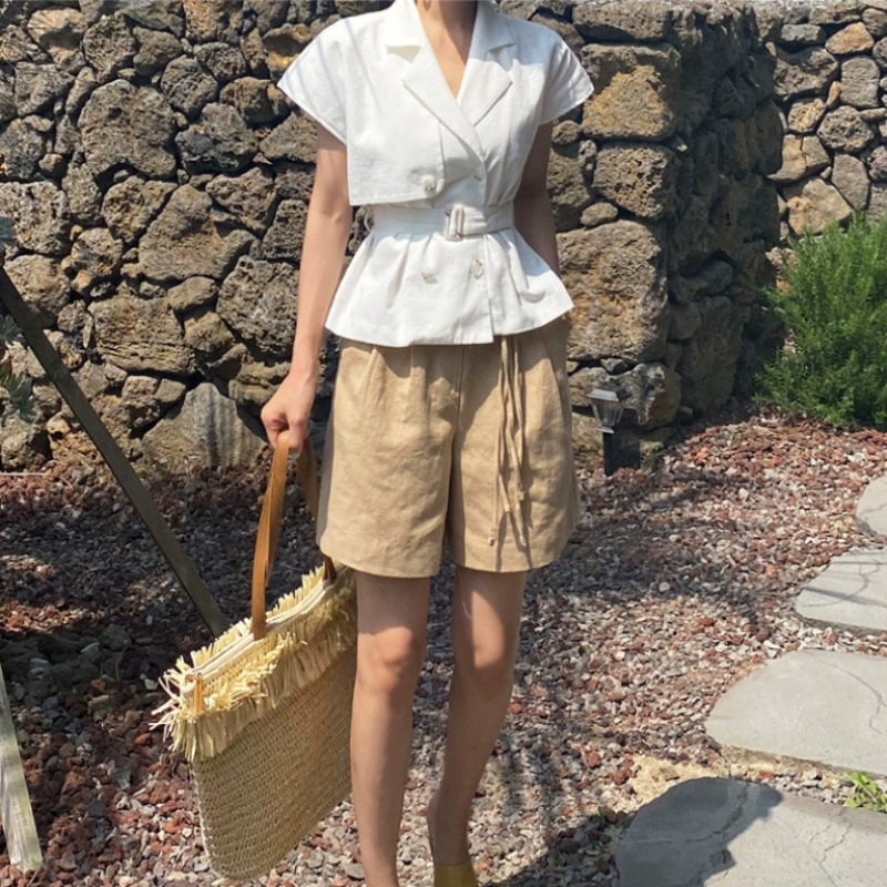 В наличии Корейский повседневный пиджак с воротником и поясом, повседневная куртка с короткими рукавами OL + повседневные брюки с высокой талией и рюшами на ленте