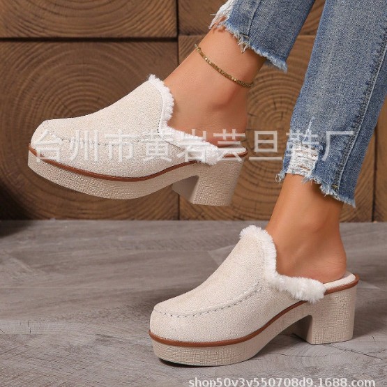 新款加绒加厚穆勒鞋厚底方头高跟绒面时尚马克线包头半拖女士单鞋