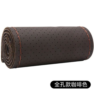 Steering wheel cover — handmade leather cover non-slip sewing - full-hole-style-brown-38cm