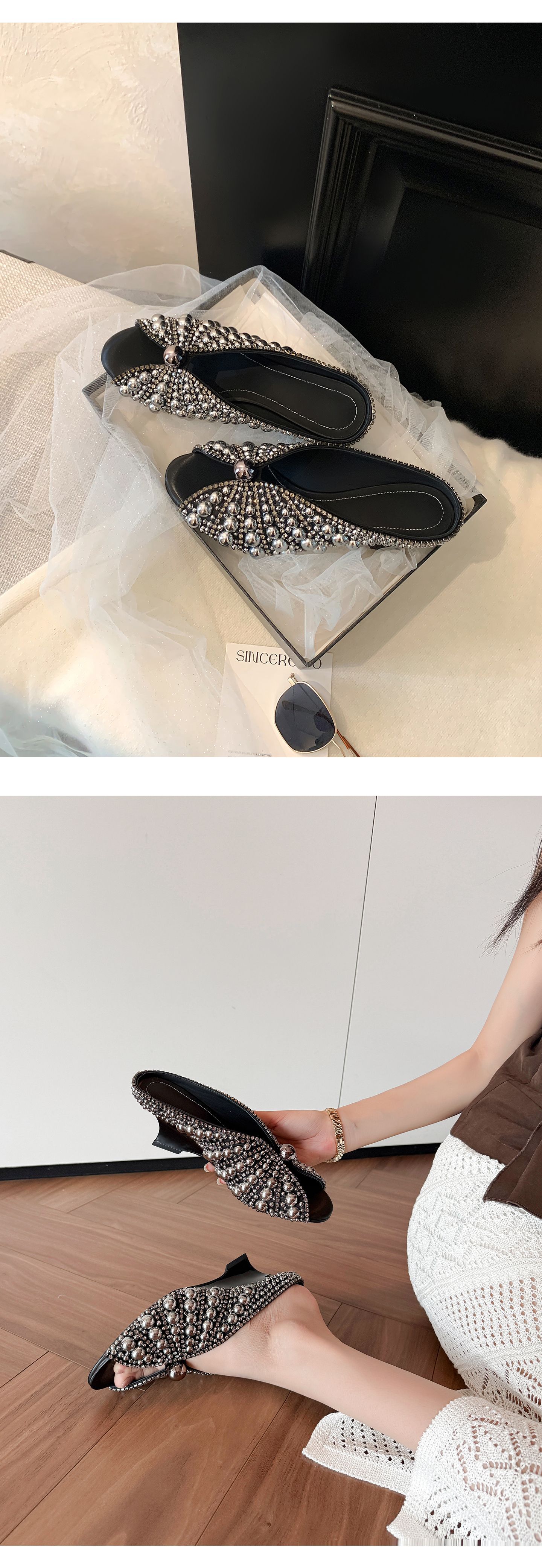 Sandal cao gót nữ mũi peep-toe đính ngọc trai, gót xuồng platform, phù hợp tiệc tùng — màu đen, màu trắng chi tiết 9